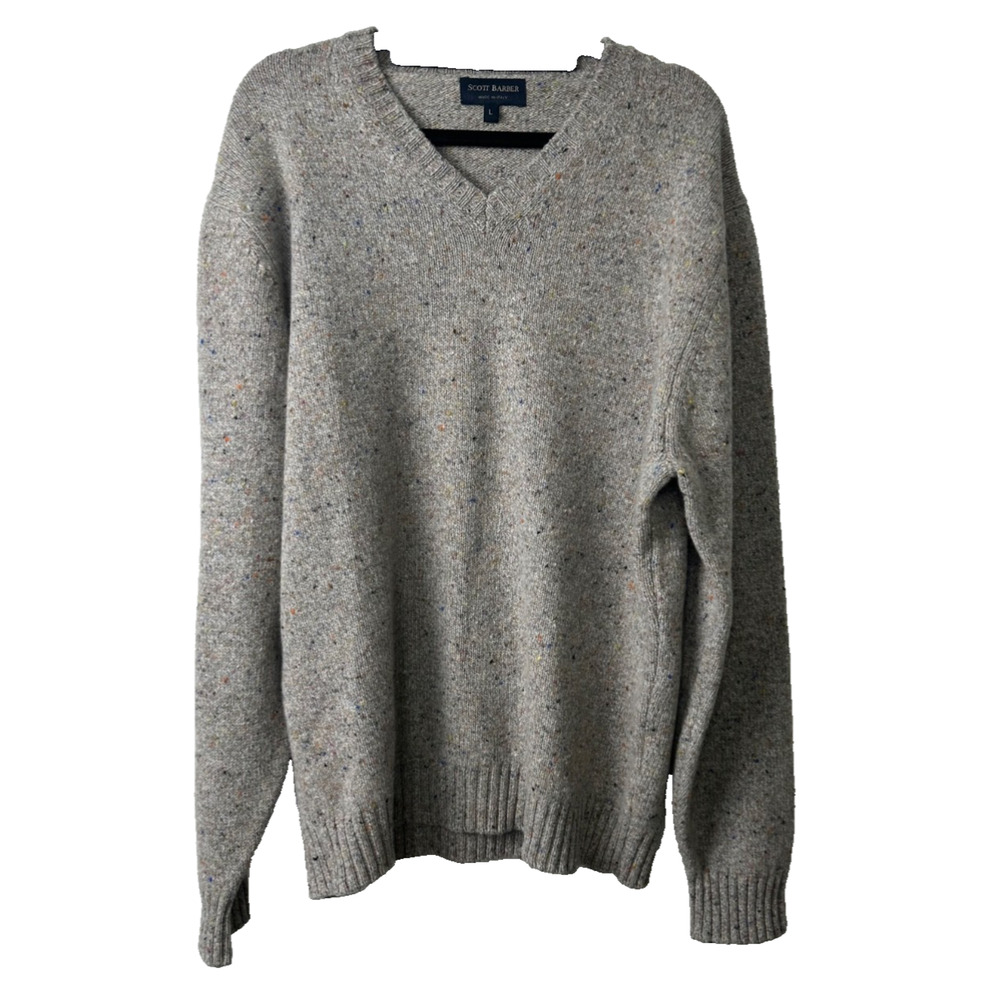 Scott Barber Sweater Made In Italy 100% Wool Mens L Beige V Neck LS Warm C9